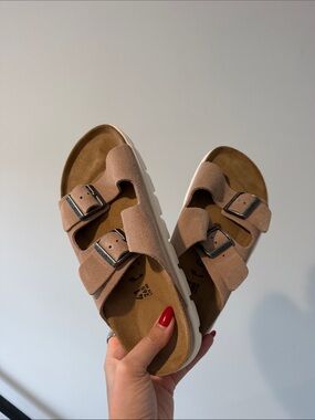 Birkenstock Double-Buckle Suede Sandals in Light Brown and White